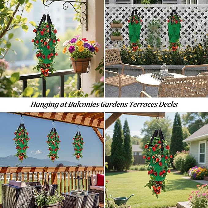 4Pack Upside Down Strawberry Tomato Planter Hanging Growing Kit Outdoor Indoor with 4 Hooks 3 Gallon Cloth Fabric Cherry Tomato Strawberry Vegetable Vertical Hanging Garden Planting Planter Grow Bags