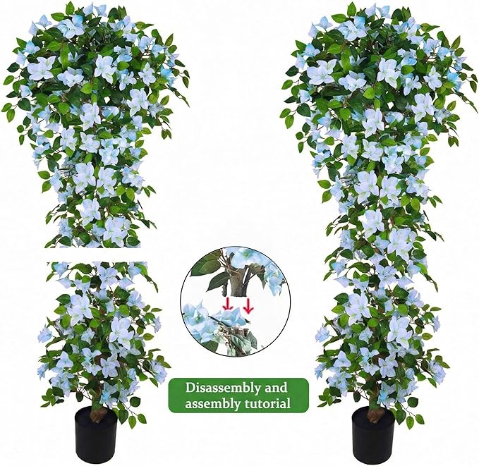 Artificial Bougainvillea Tree -6FT Faux Bougainvillea Tree with Realistic Flowers, Tall Fake Flower Tree for Indoor or Outdoor Decor, Silk Floral Plant for Living Room, Porch, Garden (Blue/White)