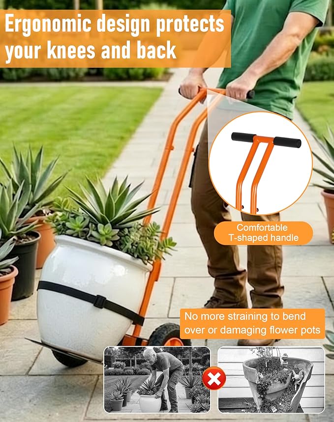 Heavy Duty Plant Caddy with Wheels, Plant Dolly Cart, Adjustable Grabbing Arm & Suction Cups for Easy Plant Movement, Versatile Indoor/Outdoor Plant Dolly Trolley Cart with Strap, Orange