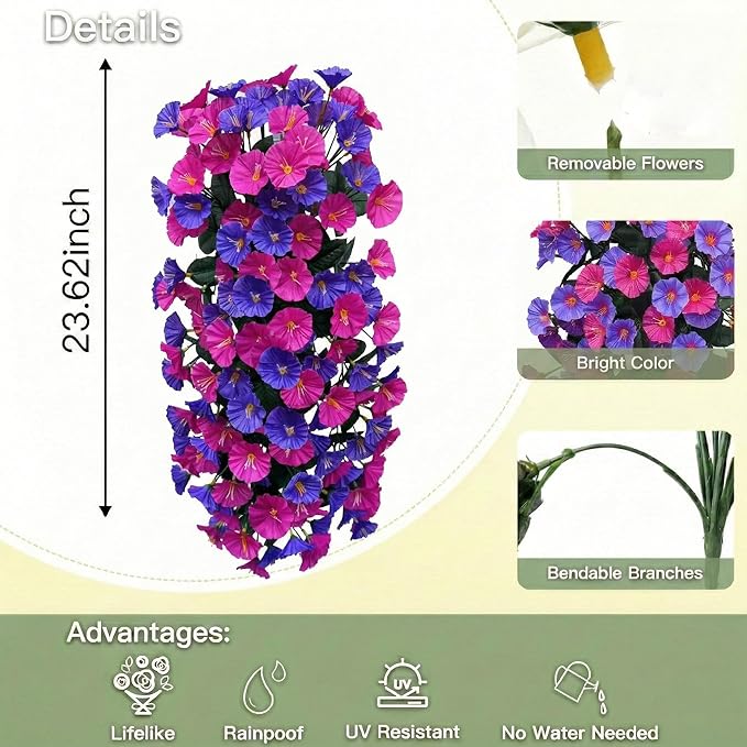 Artificial Flowers for Outdoors Fake Fuchsia Purple Morning Glory Hanging Flower Decoration, 2Pcs Realistic Faux Plants Petunias Long Trailing Vines,Spring Decor for Porch Patio Balcony Planter Yard
