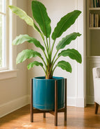 D'vine Dev Ceramic Planter with Walnut Color Stand - 14 Inch Modern Round Flower Pot with Wood Planter Holder, Teal, 55-B-T-4