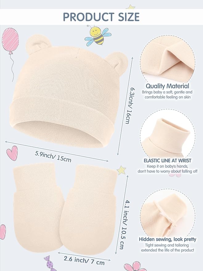 Geyoga 12 Pieces Newborn Hat Mittens Gloves Set Baby Boys Girls Cotton Baby Beanie for 0-12 Months