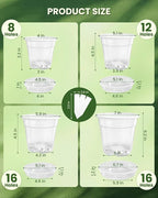 24 Packs Clear Nursery Pots for Plants with Saucers, 7/6/5/4 Inch Plastic Flower Pots with Drainage Hole, Variety Pack Seedlings Plant Pot with 24 Plant Labels