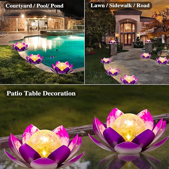 AIINY Solar Light Outdoor(2Pack), Art Crackle Globe Glass Lotus Decoration, Solar LED Waterproof Purple Metal Flower Lights for Patio,Lawn,Walkway,Tabletop