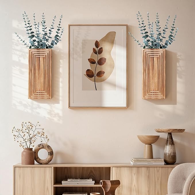 Wooden Wall Planter Vase, 2 Pack Brown Wood Hanging Vases with Fake Eucalyptus for Indoor Modern Boho Farmhouse Wall Art Decor for Home Indoor Kitchen Modern Farmhouse Bathroom