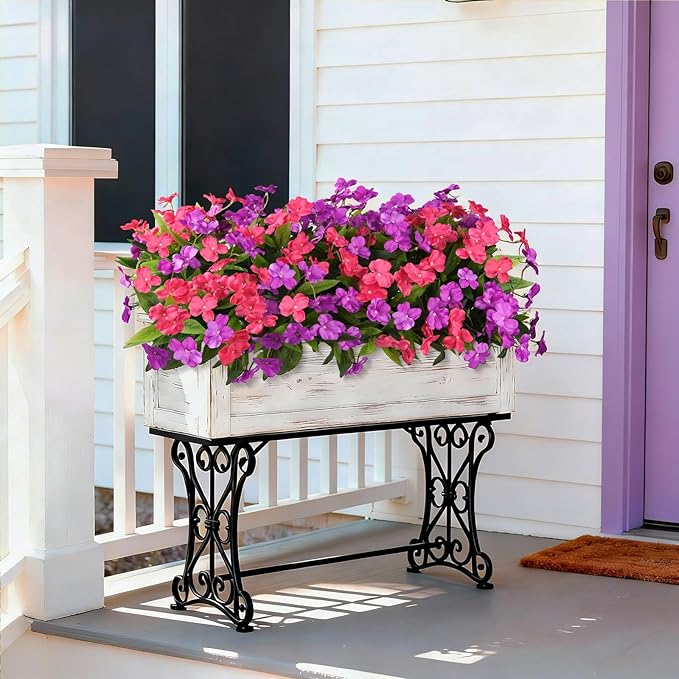 Artificial Impatiens Flowers for Outdoors, 6 Bundles Silk Fake Flowers for Spring Summer Decoration, UV Resistant Faux Plants Plastic Bouquet for Home Planter Porch Patio Yard Decor(Purple Rose Red)