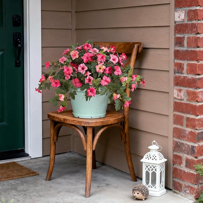 Ammyoo Artificial Fake Petunia Flowers for Outdoor Decoration, 2PCS Faux Silk Petunias Flower for Spring UV Resistant No Fade Realistic Plants for Garden Balcony Yard Porch Indoor Decor(Double Pink)