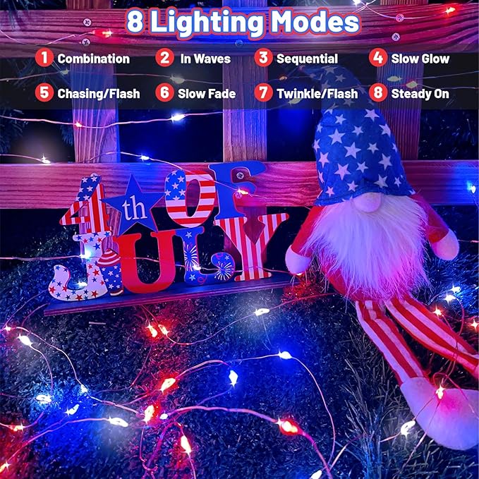 4th of July Decorations Solar String Lights 2Pack 400LED Independence Day Lights for Outside, Red White and Blue Solar Light Waterproof, Copper Wire 8 Modes Twinkle Light for Memorial Day National Day