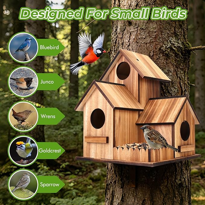 Bird Houses for Outside, 3-Hole Large Wooden Birdhouse for Bluebirds Finches Cardinal Hummingbird, Bird House for Outdoors Hanging Bird House Clearance Garden Courtyard Decor