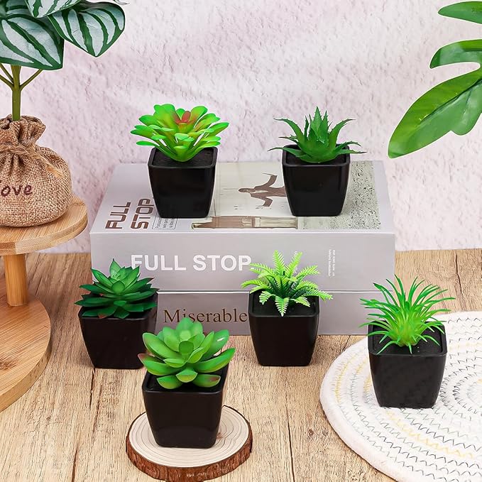 6 Pack Artificial Succulents Plants Potted Small Fake Greenery Plant Realistic in Black Pots for Office Desk Halloween Decorations Bedroom Living Room Shelf Bathroom Decor