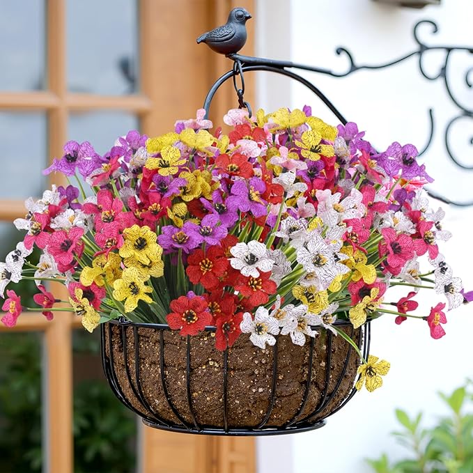 Bassion 24 Bundles Artificial Flowers for Outdoors Decoration, UV Resistant Mixed Color Silk Fake Faux Flowers Artificial Plants for Outside Window Box Porch Garden Home Decor
