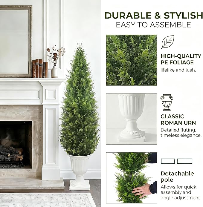 Realistic Artificial Cedar Tree with Planter Set of 2,Faux Topiary Cypress Plant for Home,Office,Living Room,Porch Indoor Outdoor Decor,No Maintenance Fake Evergreen Shrub (4.5FT White)