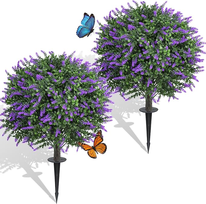 Dense Foliage Artificial Lavender Topiary Ball Trees 24 Inch, 2 Pack UV Resistant Fake Plants Outdoor, Faux Bushes with Ground Spike for Garden, Patio, Porch, Yard Decor