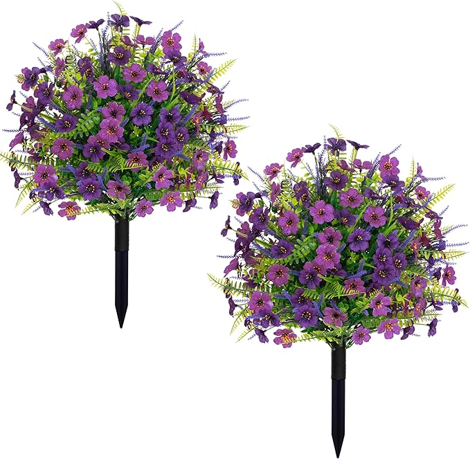 Artificial Lavender Topiary Ball Trees 2 Pack 24" with Stakes, UV Resistant Fake Outdoor Plants, Faux Boxwood Shrubs Bushes for Front Porch Planters Patio Garden Spring Decor