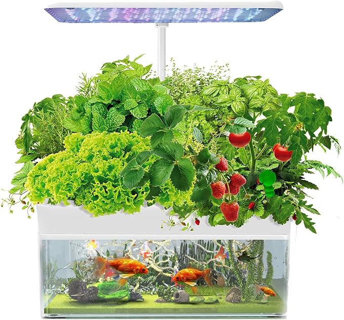 Hydroponics Growing System, 12 Pods Indoor Herb Garden with LED Grow Light, with Aquaponic Fish Tank,with Auto Timer,for Home Kitchen,Height Adjustable