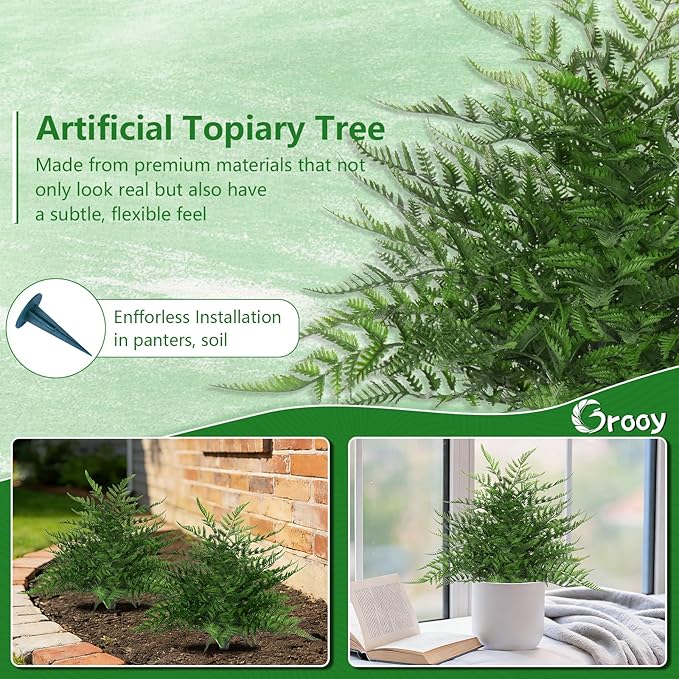 Grooy Artificial Fern Topiary Ball with Ground Spike, Set of 2 Realistic Boston Fern Plants Shrub, Fake UV Resistant Evergreen Bushes Tree for Porch Garden Indoor Outdoor Decor