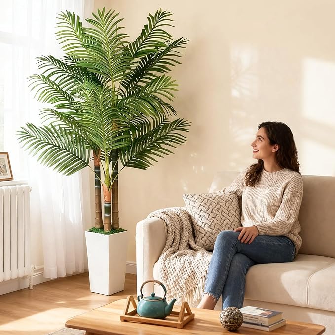 6ft Artificial Palm Tree Indoor Plant，Triple Faux Tropical Areca Floor Plant in Pot，Artificial Plants with Lifelike Leaves for Home Office Decor
