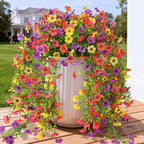 Artificial Hanging Flowers for Outdoors, 2 Pcs Fake Hanging Plants Spring Summer Decor, UV Resistant Faux Silk Daisy Flower for Front Door Porch Planter Patio Yard Garden(Purple Rose Red Yellow)