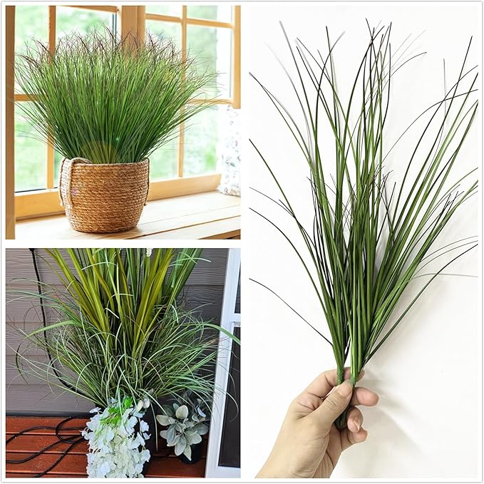 Artificial Wheat Grass Plants Fake Greenery Faux Onion Stems Plastic Plant Flowers Shrubs for Indoor Room Home Office Outdoor Decor Garden Porch Gardening Wedding Party DIY Wreath Decoration - 16 Pack