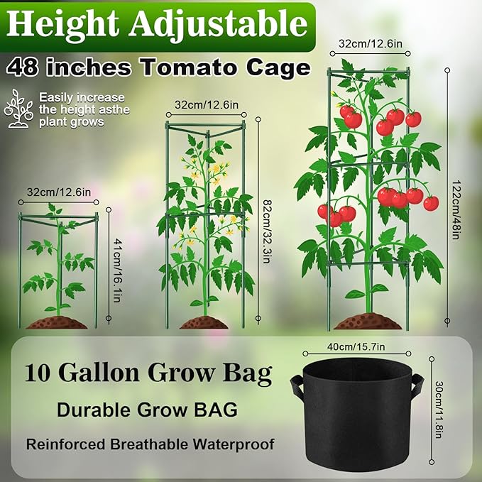 NNG 6 Packs 48 inches Tomato Cages with 10 Gallon Grow Bags,Garden Plant Support Cages,Plant Tower Stakes Garden Trellis for Climbing Plants,Tomato Plant Trellis for Vegetable Fruits Vines