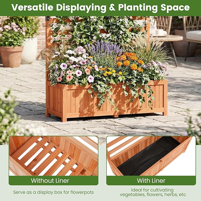 HAPPYGRILL Raised Garden Bed with Trellis, 59" Tall Wooden Elevated Planter Box w/Liner, Drainage, Detachable Base Panel for Climbing Plant Vine Flower, Outdoor Planter w/Trellis for Patio (1)