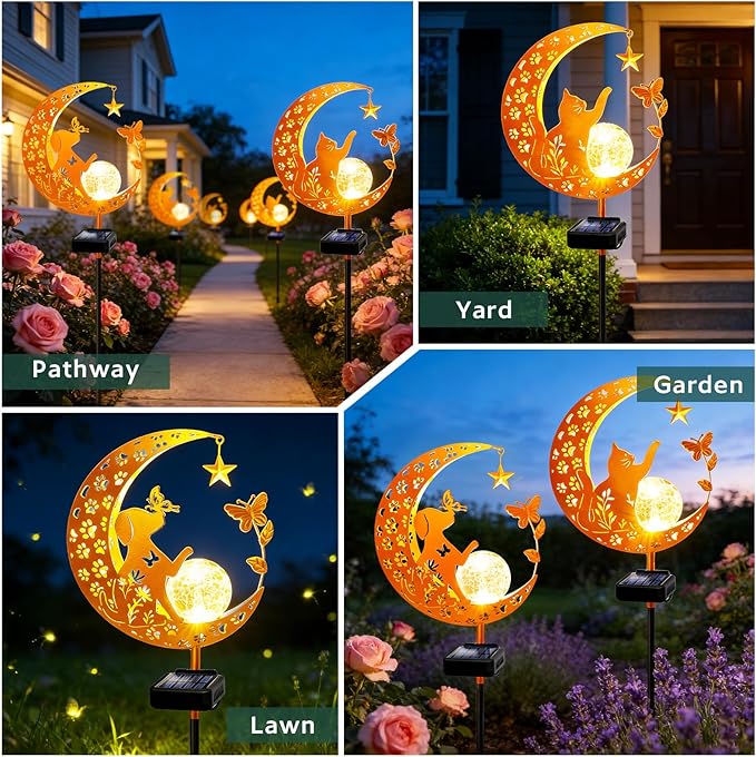 ZNYCYE Solar Garden Decor Outdoor Statue, 2 Pack Moon Fairy Garden Figurines with Cat&Dog Design Birthday Gifts for Mom Women Grandma Solar Stake Lights for Patio, Yard, Lawn, Pathway (Warm White)