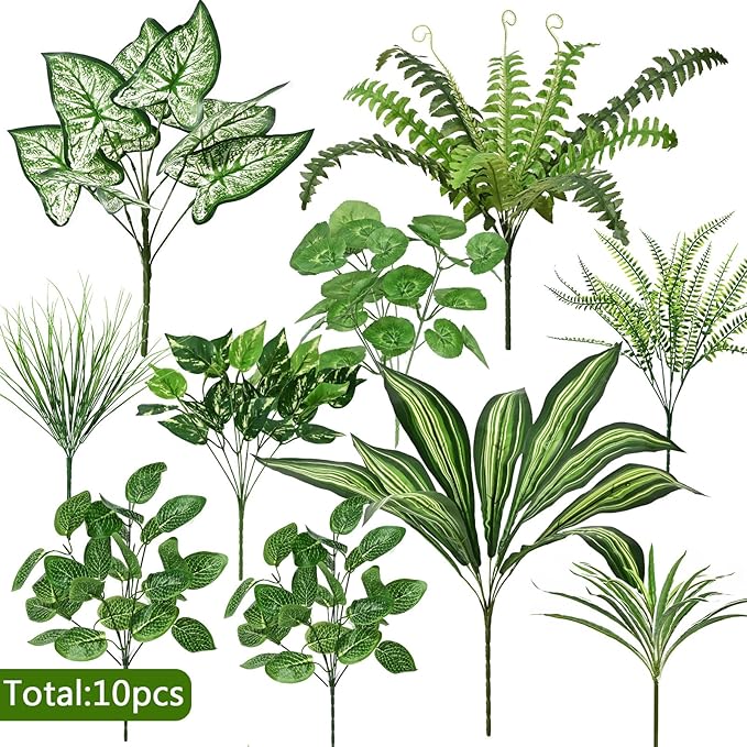 Waipfaru Artificial Plants Outdoor UV Resistant, Realistic Fake Plants Artificial Greenery, Large Bunches Faux Plants for Indoor Outdoor Porch Patio Garden Spring Summer Home Decor (Large 10pcs)