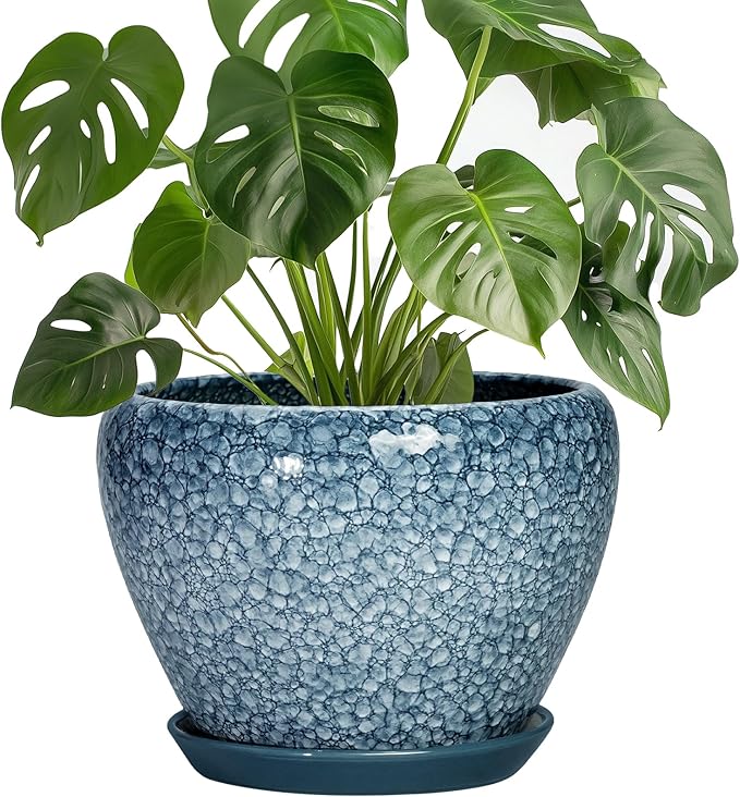 Ceramic Planter Pots - 8 Inch Planters for Indoor Outdoor Plants, Modern Flower Pot with Drainage Hole and Saucer, Round Ceramic Planter, Bookshelf Decor, Gifts for Gardeners, Stone Blue