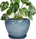 Ceramic Planter Pots - 8 Inch Planters for Indoor Outdoor Plants, Modern Flower Pot with Drainage Hole and Saucer, Round Ceramic Planter, Bookshelf Decor, Gifts for Gardeners, Stone Blue