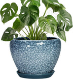 Ceramic Planter Pots - 8 Inch Planters for Indoor Outdoor Plants, Modern Flower Pot with Drainage Hole and Saucer, Round Ceramic Planter, Bookshelf Decor, Gifts for Gardeners, Stone Blue