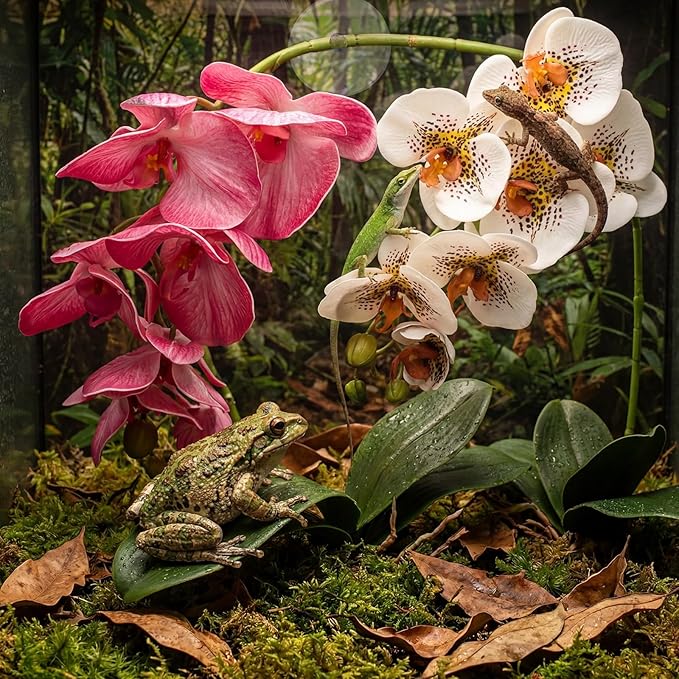 Chuangdi 2 Pcs Artificial Phalaenopsis with Suction Cups Terrarium Plant Decoration Reptile Habitat Plant Decor for Hermit Crab Lizards Geckos Snake (White Leopard Print,Dark Pink,Deeply Exquisite)