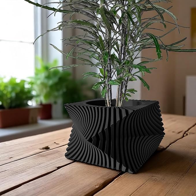 Aeon Twist Modern Planter – Black Sculptural Plant Pot for Indoor Decor Geometric Design with Drainage – Unique Home Accent for Living Room, Office, or Shelf (Black, Compact Structure: 6" x 4" WH)