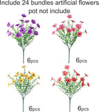 Ivydale Artificial Flowers for Outdoor 24 Bundles Fake Mums with Eucalyptus Leaves UV Resistant Silk Faux Daisy Flower Plant for Outside Home Porch Patio Window Box, 4 Color Mixed