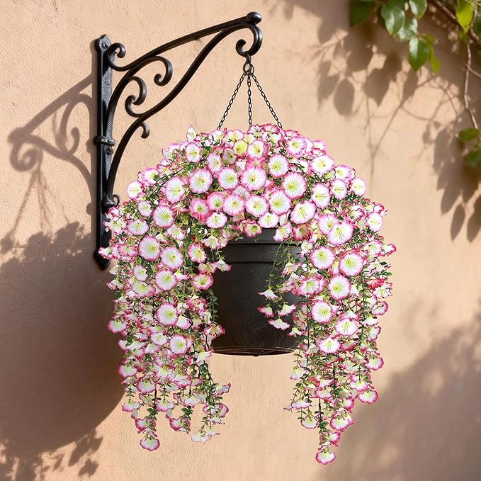 Artificial Hanging Flowers for Outdoors, 4 PCS 600 Blooms UV Resistant Morning Glory Faux Silk Vines, No-Odor Realistic Fake Plants for Garden Planter Porch Patio Decoration, Pink