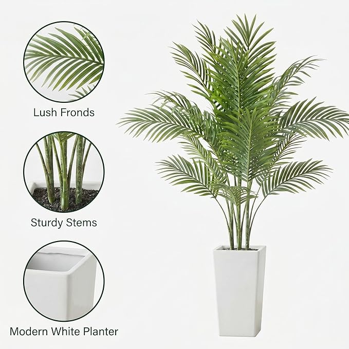 Garvee 4.8FT Artificial Palm Tree, Tall Faux Tropical Areca Plants with White Tall Planter, Fake Potted Tree with Lifelike Leaves for Indoor Living Room Bedroom Home Office Decor