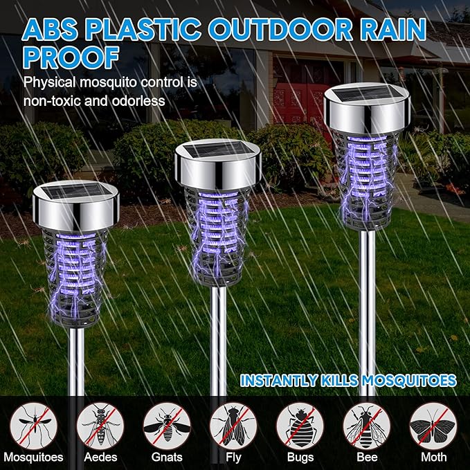 Qualirey 4 Pack Solar Bug Zapper Outdoor Waterproof Mosquito Repellent Killer Bug Zapper Lamp with LED Light for Outdoor Garden Patio Yard (Purple Light,Silver)