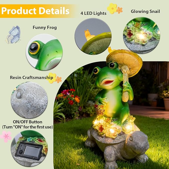 Solar Garden Statue Outdoor Decor Turtle & Frog with LED Lights – Yard Decor for Patio, Balcony, Backyard, Lawn Ornaments Tortoise Figurine, Unique Birthday Gifts for Mom, House Warming Gifts New Home