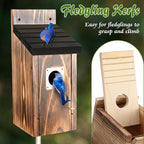 Dreyoo 2 Pack Bluebird Box Houses for Outside,1-1/2'' Entrance Hole Wooden Bird Houses with Metal Guard, Secure Latch,Fledgling Grooves,Air Vents for Bluebird Wren Swallow (Black Roof,Burnt Wood Body)
