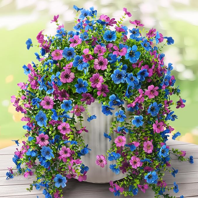 Artificial Hanging Flowers Plants for Outdoor Spring Summer Decoration, 2PCS Faux Silk Daisy UV Resistant Look Real for Outside Home Indoor Planter Porch Garden Yard Decor(Purple Blue)