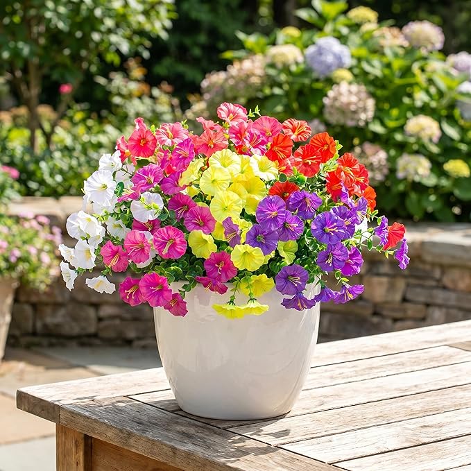 Artificial Flowers for Outdoors, 6 Bundles Fake Plants for Outside Decoration, UV Resistant No Fade, Realistic High End Silk Plastic Morning Glory for Planter Porch Patio Yard Garden