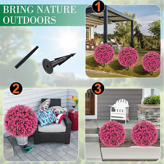 AOKIIE Set of 2 Artificial Pink Boxwood Topiary Ball Tree for Outdoor with Ground Spike, 22" UV Resistant Faux Greenery Shrubs, Fake Plants for Garden Yard Porch Patio(Pink)