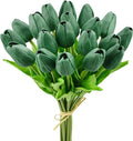 Mandy's Dark Green Artificial Tulips Flowers Centerpiece, 13.5" Lifelike PU Fake Floral Stems 20pcs for Kitchen Island & Dining Table, Spring Decor for Easter