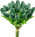 Mandy's Dark Green Artificial Tulips Flowers Centerpiece, 13.5" Lifelike PU Fake Floral Stems 20pcs for Kitchen Island & Dining Table, Spring Decor for Easter
