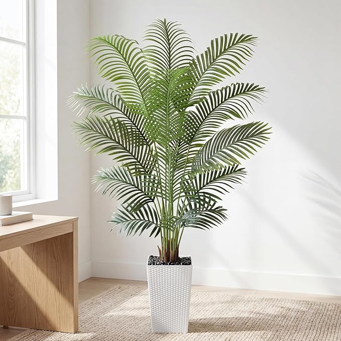 6ft Artificial Palm Tree with White Planter - Tall Fake Palm Tree Indoor Fake Tropical Plant for Home Office Living Room Bedroom Modern Decor