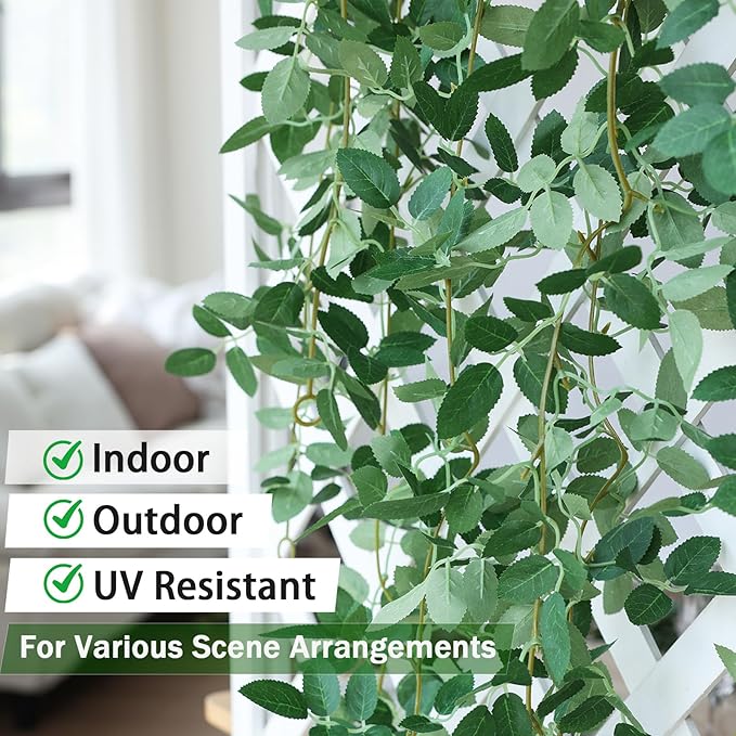 mizii 2 Strands Artificial Vines Garland 68" Fake Vine with Small Green Leaves Silk Rose Leaf Faux Hanging Plants Greenery Decorations for Bedroom Room Table Centerpieces Wedding Decor (Rose Leaves)