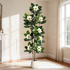 Fiddle Leaf Fig Tree 6FT Tall Artificial Plant, Large Fake Tree in White Planter, Faux Rubber Tree Fake Floor Plant with Magnolia Flowers - Artificial Tree for Home Office Living Room Decor, White