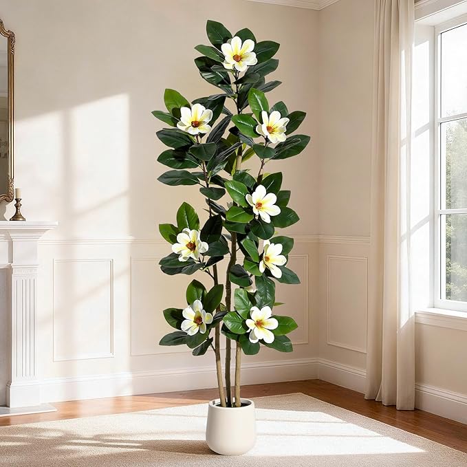 Fiddle Leaf Fig Tree 6FT Tall Artificial Plant, Large Fake Tree in White Planter, Faux Rubber Tree Fake Floor Plant with Magnolia Flowers - Artificial Tree for Home Office Living Room Decor, White