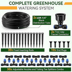 Meonum 65FT Greenhouse Watering System, Quick Connector Hanging Plant Watering System Automatic Mist Irrigation Kit with 1/4'' Blank Tubing, Two way Faucet Connector, Adjustable Misting Nozzle(2 Pack)