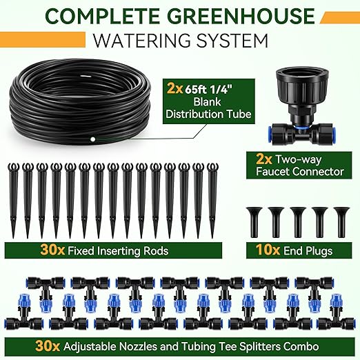 Meonum 65FT Greenhouse Watering System, Quick Connector Hanging Plant Watering System Automatic Mist Irrigation Kit with 1/4'' Blank Tubing, Two way Faucet Connector, Adjustable Misting Nozzle(2 Pack)