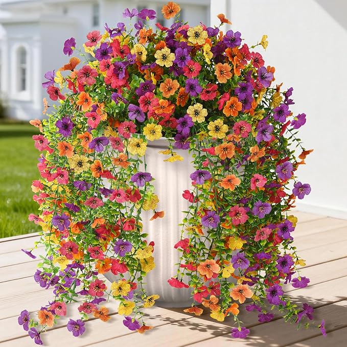 Artificial Hanging Flowers for Outdoors, 2 Pcs Fake Hanging Plants Spring Summer Decor, UV Resistant Faux Silk Daisy Flower for Front Door Porch Planter Patio Yard Garden(Purple Rose Orange Yellow)
